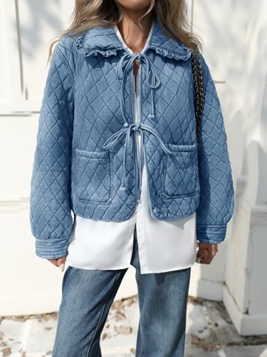 Image of Tankaneo Womens Quilted Denim Puffer Jackets Tie Front Bow Cropped Puffy Jackets Fall Cute Short Jeans Coat