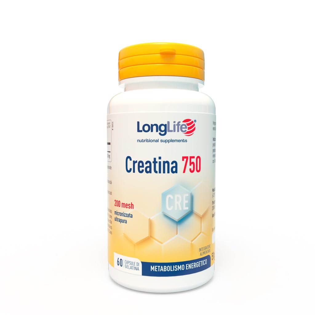 LongLife® Creatina 750 | Creatina monoidrato micronizzata ultrapura | Energia e forza muscolare | Performance fisica e sportiva | 60 capsule | Senza glutine e doping free
