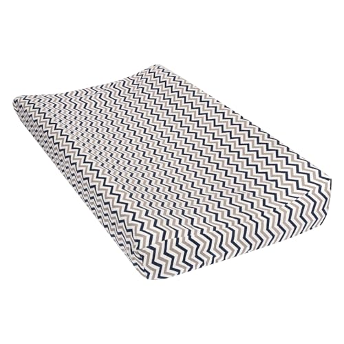 Navy and Gray Chevron Deluxe Flannel Changing Pad Cover - Chevron Print Cotton Flannel, Navy, Gray and White, Fully Elasticized, 6 in Deep Pockets, Fits Standard Changing Pad 16 in x 32 in