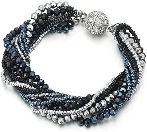 COOLSTEELANDBEYOND Silver Black Dark Blue Crystal Beads Multi-Strand Bracelet with Rhinestone Ball Charm Magnetic Clasp