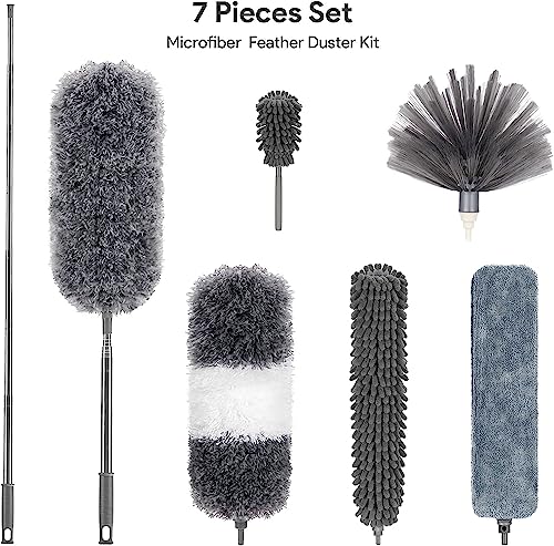 Image of Microfiber Feather Duster Kit for High Ceiling (7 PCS),Dusters for Cleaning,Reusable Bendable Washable Cobweb Duster with 100 inch Extra Long Extension Pole for Cleaning Ceiling Fan,Furniture, Blinds, Car