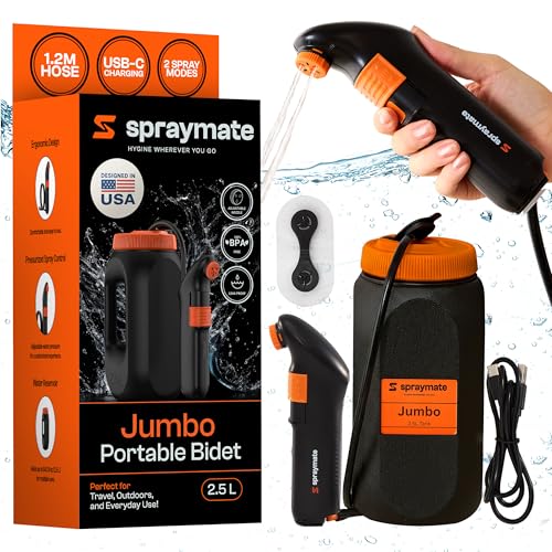 Portable Bidet for Travel & Camping Electric High Pressure Rechargeable Bidet for Women & Men | 2.5L Bottle | 1300ML/Min Flow | USB-C | 1600mAh Battery | USA Brand Spray Mate Jumbo (Black)
