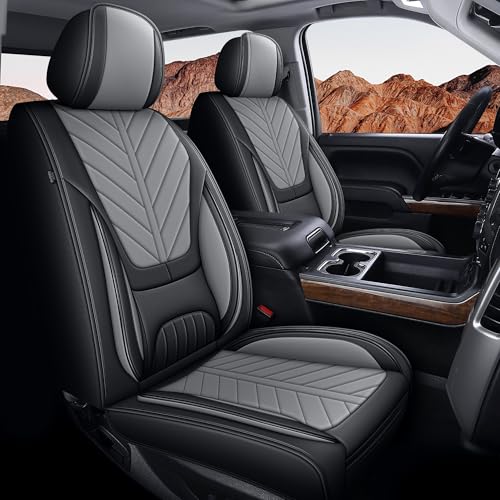 Image of for Chevy Chevrolet Silverado Seat Covers 2007-2025 2026 | Gmc Sierra 1500 2500hd 3500hd Full Set Crew Cab Leather Seat Protectors with Lumbar Support(5 Seats,Black&Grey)