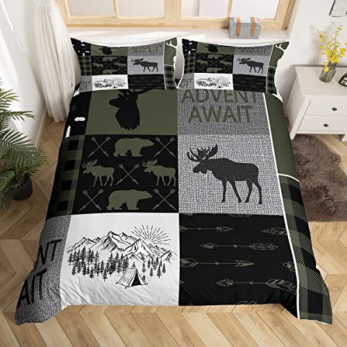 Hunting Rustic Lodge Bedding Set Twin, Deer Bear Patchwork Duvet Cover Retro Cabin Lodge Comforter Cover For Kids Teens Adult Men, Camping Moose Elk Quilt Cover With 2 Pillow Cases, Grey Black #TOP22