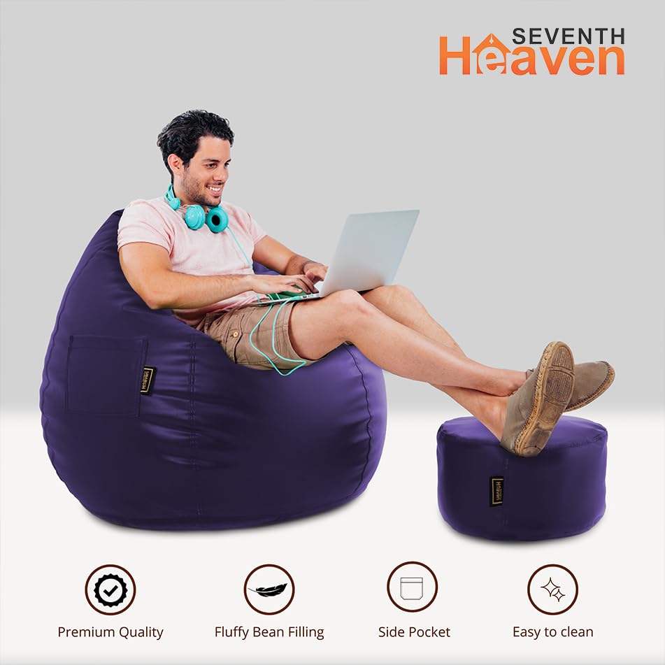 Image of Seventh Heaven 3XL Bean Bag Cover with Footrest and Cushion (Without Beans) | Premium Scratch Resistant Leatherette | (Leatherette Fabric - Purple)