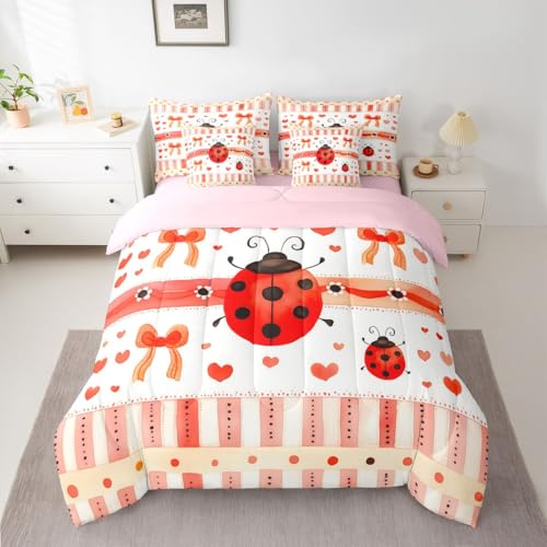 Image of Cartoon Ladybug Bedding Sets Queen Red Orange Bowknot Hearts Comforter Set Watercolor Stripes Grid Rustic Style All Season Comforter Flat Sheet Fitted Sheet 2 Pillowcases 2 Throw Pillow Covers 7 Pcs