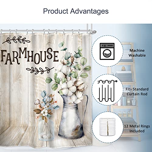Ambzek Farmhouse Barn Shower Curtain Rustic Flower 60Wx72L Inch Cotton Floral Bathroom Accessories Barn Country Bathroom Set Wood Plank Vintage Artwork Fabric Bathroom Decor 12 Pack Plastic Hooks #TOP3