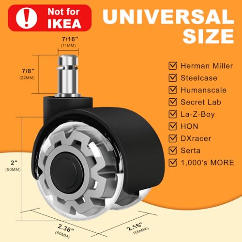 Image of Office Chair Wheels, 2 Inch Smooth & Quiet Rolling Casters Replacement, Computer Gaming Chair Casters for All Hardwood Floors & Carpet, Smooth Safe Rubber Wheels-Set of 5, Grey