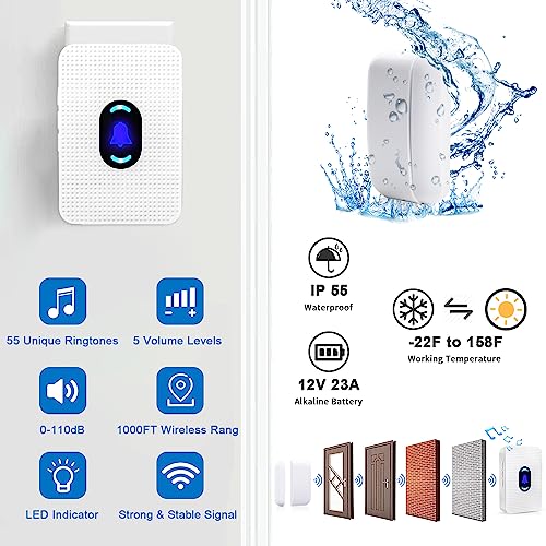 Door Chime, Daytech Wireless Door Sensor Chime 1000Ft Range Door Entry Chime With 55 Chimes 5 Adjustable Volume Mute Mode Led Indicator Door Open Chime For Business/Home When Entering, Door Open Alert #TOP4