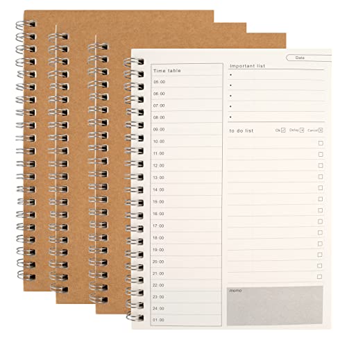 Bubuny Zeitmanagement Handbuch Aufgabenliste Tagesplaner Spiralblock Notizblock Brown Kraft Cover Tagesplanung Notizbuch 50 Blatt 19 x 13 cm B6 (4 Stück) Cover