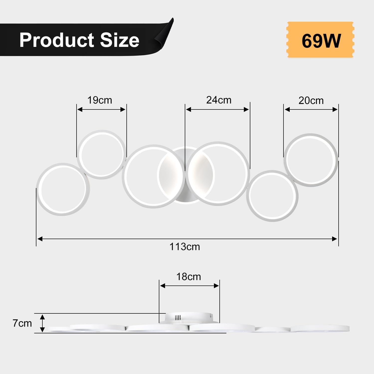 LED Ceiling Light Dimmable Living Room Ceiling Lamp White Living Room Lamps Bedroom Light Remote Control and APP Control, Modern 6-Ring Round Ceiling Lighting with Memory Function, L113cm/69W