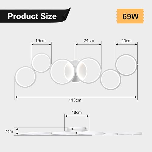 LED Ceiling Light Dimmable Living Room Ceiling Lamp White Living Room Lamps Bedroom Light Remote Control and APP Control, Modern 6-Ring Round Ceiling Lighting with Memory Function, L113cm/69W - 5