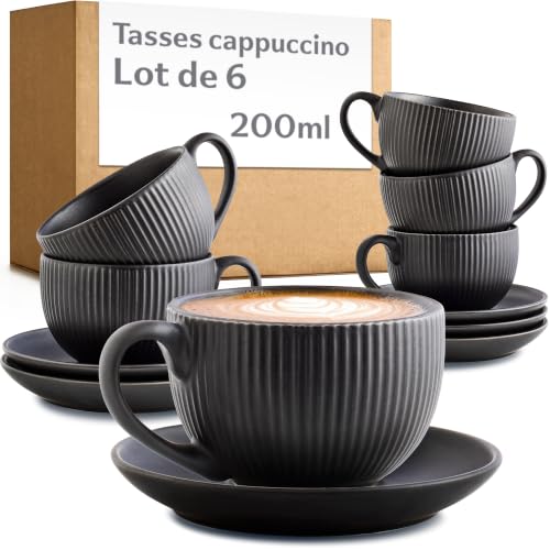 Cosumy 6 Tasses à Cappuccino 200 ml Noir Mat – Soucoupes – Tasse Céramique