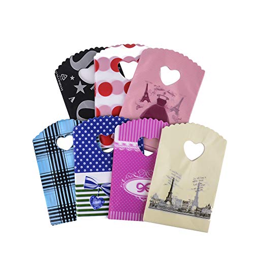 PH PandaHall 500pcs Printed Plastic Gift Bags Cut Handle Plastic Bags Mixed Color Favor Treat Pouches for Jewelry Candy Gift Packaging 19.5x13cm