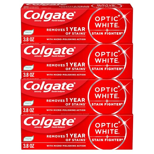 Colgate Optic White Stain Fighter Clean Mint Paste Teeth Whitening Toothpaste, 4 Pack, Anticavity Toothpaste with Fluoride, Enamel Safe Teeth Stain Remover, 3.8 OZ