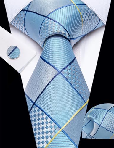 Image of YourTies Striped Plaid Ties for Men Silk Formal Necktie Set | 3.15 inch(8cm) Woven Jacquard Mens Ties with Necktie Pocket Square Cufflink Tie Clip Lapel Pin for Wedding Business Party