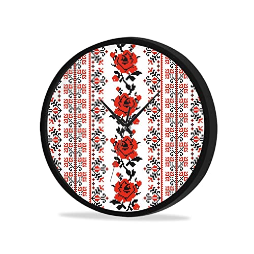 Reloj ornamental circular de estilo bordado ucraniano, cuarzo de calidad, funciona con pilas, reloj de pared redondo, para el hogar, oficina, aula, escuela, silencioso, sin tictac, frontal de cristal
