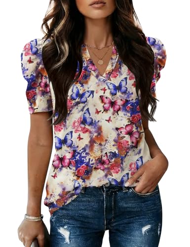 Image of LOMON Spring Summer Tops for Women 2026 V Neck Puff Short Sleeve Tops Fashion Trendy Work Blouses Dressy Casual S-XXL
