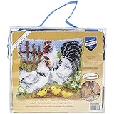 Vervaco Knüpfkissen Set Deko Kissenbezug Knüpfset für Anfänger HÜHNERFAMILIE Basteln Erwachsene Kreativ DIY Handarbeit Kissen zum Selber Knüpfe 40 x 40 cm Latch Hook Kit Knüpfhaken Set Kissen