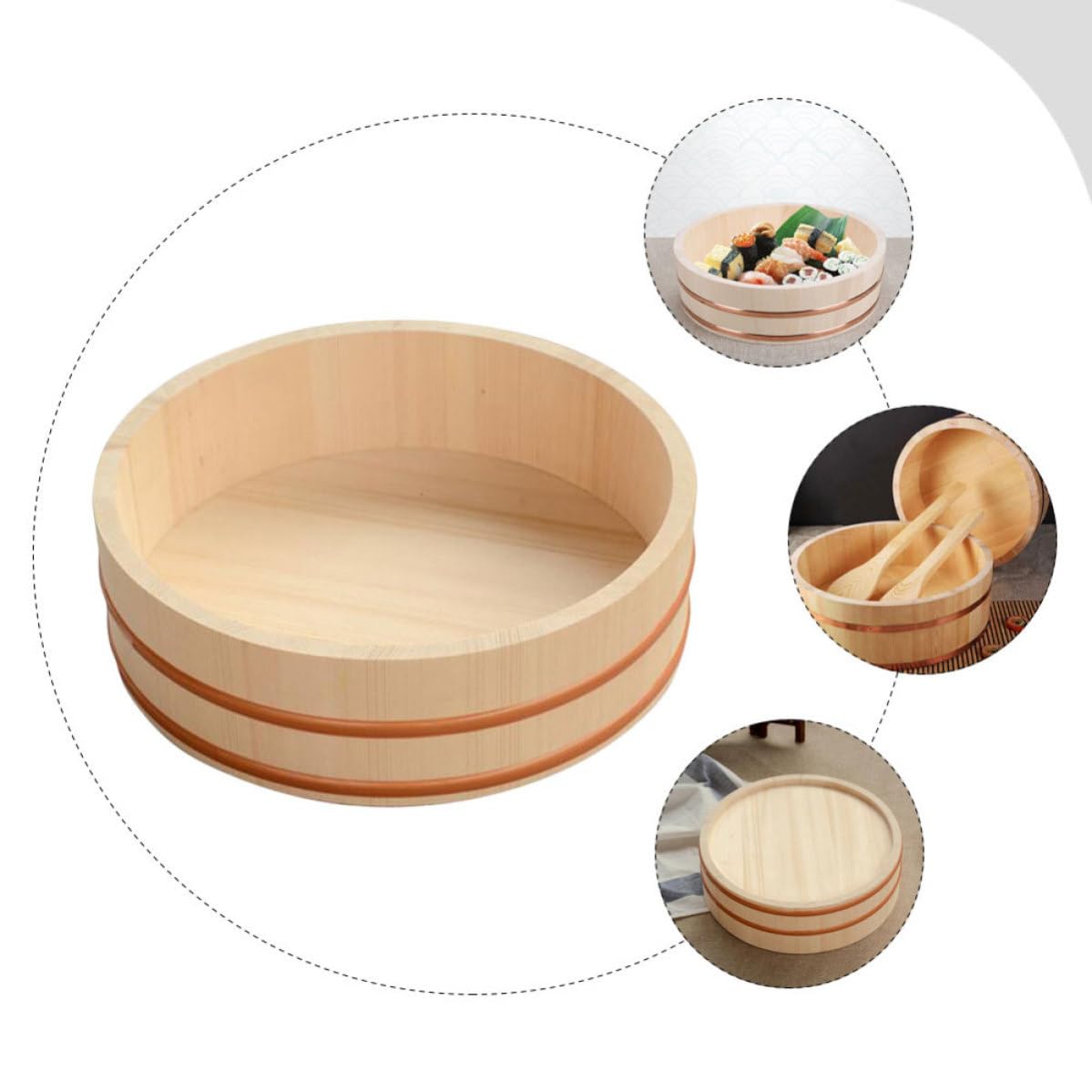 Seau à Sushi Rond en Bois et Cuivre, Grand Format Cuisine Japonaise