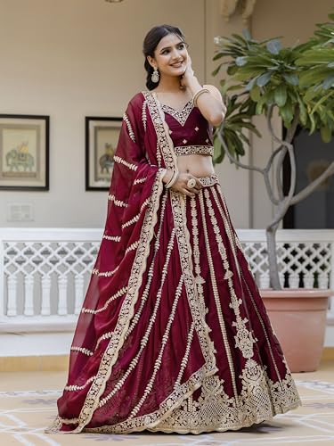 Image of TRENDMALLS Art Silk Embroidery Sequence Work Lehenga Choli Unstitch Blouse With Dupatta For Women (New-Bridal-Latest-Wedding-Sequence-Lehenga-Designer)