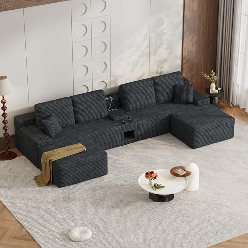 Image of 150 inch Oversized U-Shaped Modular Sectional Sofa | Multi Functional Console,Wireless Charging,6-Seater Upholstered Couch with USB and 2 Cup Holder,Easy Assembly,for Living Room