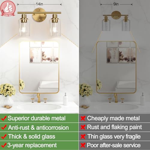 Image of Zarbitta 2-Light Bathroom Light Fixtures, Brushed Gold Vanity Light, Modern Vanity Lights with Clear Glass Shade, Bathroom Wall Lamp for Mirror Kitchen Living Room Hallway Cabinet Porch
