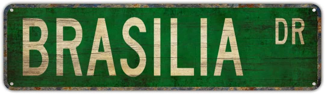 peiyeety Vintage Metal Tin Sign Decorative Wall Art Brasilia Dr Themed Street Sign, Rustic Style, Durable Waterproof Rustproof, For Home, Country Decor, Travel, Easy To Mount, 4x16 Inch