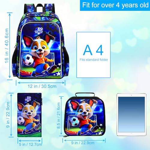 Image of 16 inch Dog Soccer Backpack Set for Boys 4-8, 3Pcs Kindergarten School Bag with Football Lunch Box & Pencil Case, Durable Bookbag (Blue)