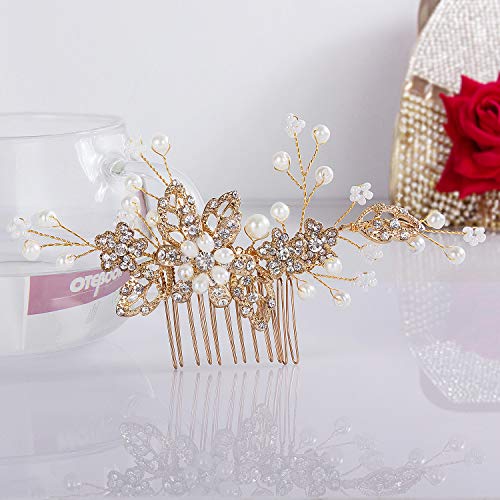 Crown Guide Bridal Hair Comb Clip Pin Rhinestone Pearl Wedding Hair Accessories For Women Brides Bridesmaid Hairpiece Gold #TOP4