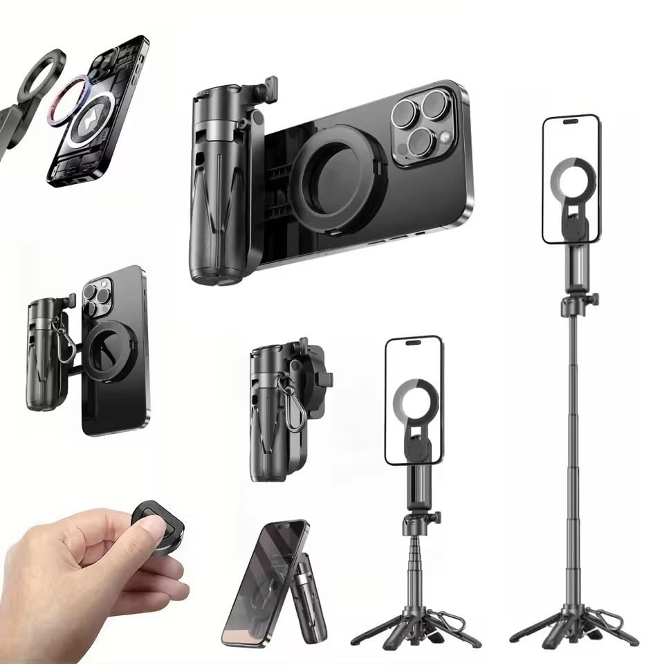 Image of 2025 Stainless Steel P15 Magnetic MINI Retractable Selfie Stick Tripod with Remote Phone Grip 2 Cold Shoe,10M /393.7' (P15 Magnetic Retractable Selfie Stick)