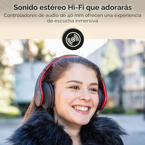 Miniatura 7 de Powerlocus P2 Auriculares Bluetooth Inalambricos De Diadema Cascos Plegables, Casco Bluetooth Con Sonido Estéreo Micro Sd Tf, Fm Con Micrófono Y Audio Cable Para Movil, Pc, Tablet - Negro Rojo