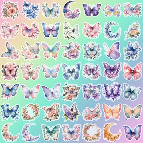 Image of 50 Butterfly Stickers, PET Waterproof Transparent Colorful Resin Decals Self-Adhesive Scrapbooking Stickers Supplies Journal Stuffers for Adult Card Making Letters DIY (Butterfly)
