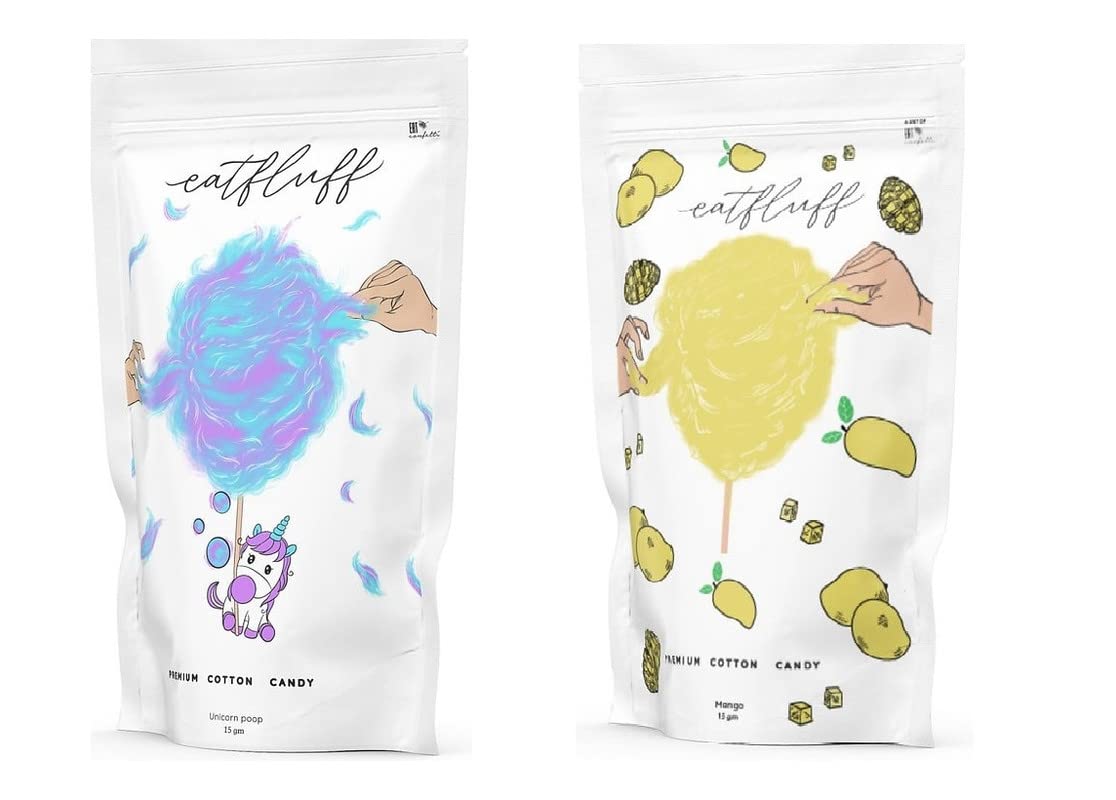 Eat Confetti Eatfluff Cotton Candy/ Candy Floss/ Sugar Candy/ Fairy Floss/ Spun Sugar/ Gourmet Cotton Candy, Mango flavour, Mango Cotton Candy, Unicorn Poop Flavour, Unicorn cotton candy, 15 gms Bundle of Two, Cotton Candy Flavours (Pack Of 2)