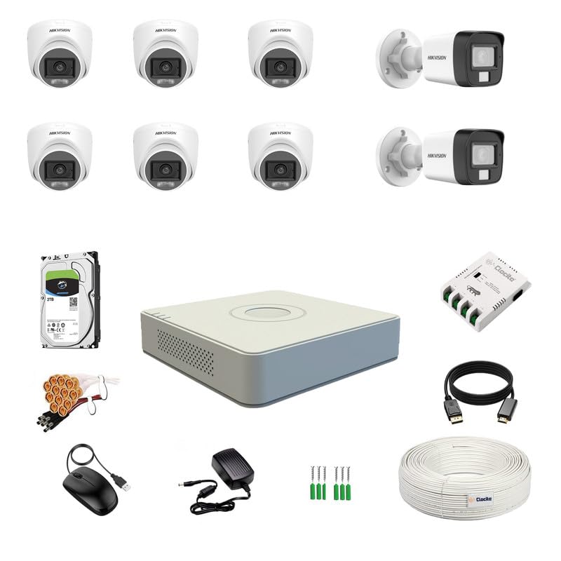 Image of Clocite HIKVISION 3K /5MP 8 Channel DVR, 3K (5MP) 6 Dome & 2 Bullet Cameras [Color Night Vision + Built-in Audio MIC + SMART Dual Light + Motion Detection] + 2 TB HDD 8 CH SMPS + CCTV Cable + BNC /DC