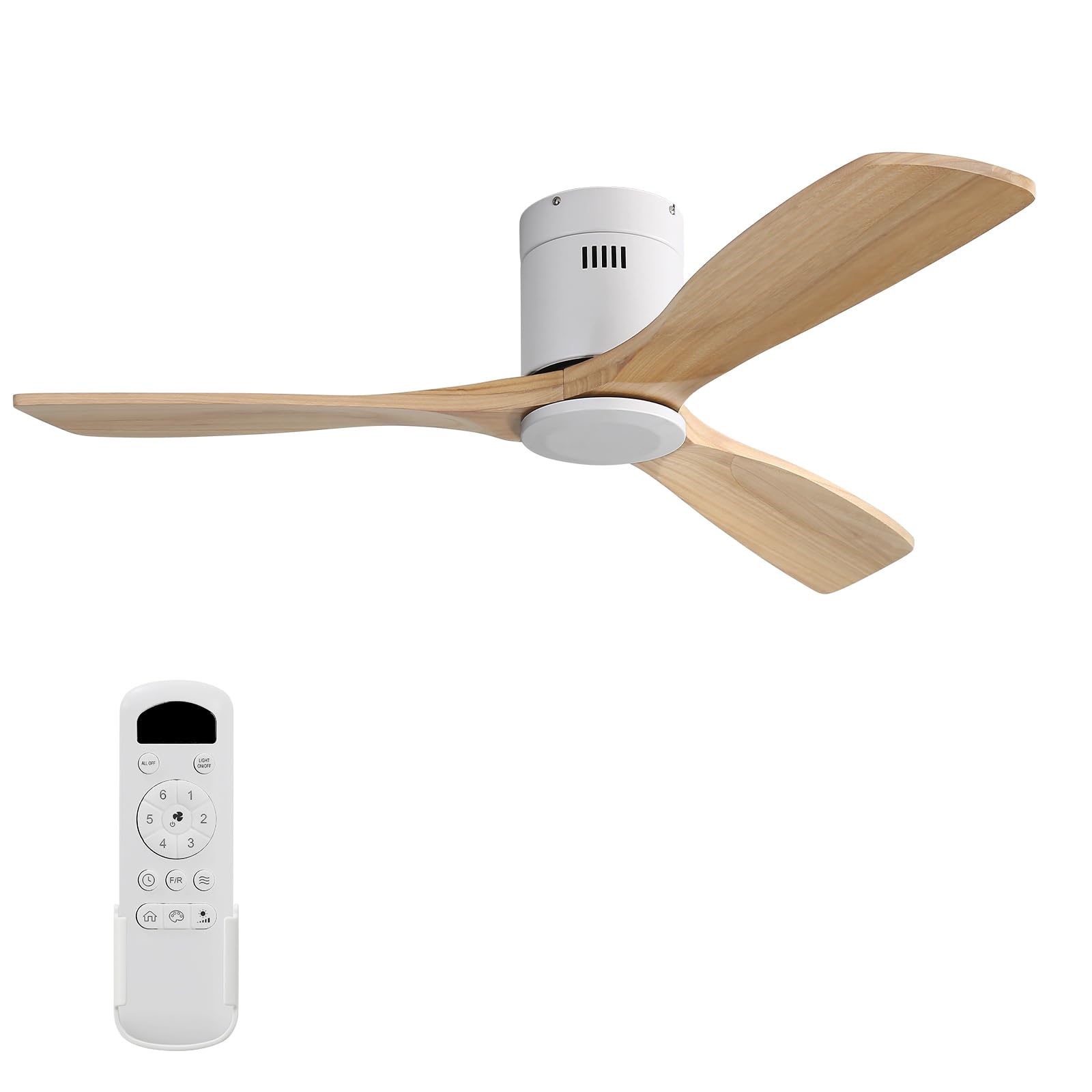 Sofucor 52 Inch Low Profile Ceiling Fans No Light, Modern Flush Mount Solid Wood Ceiling Fan with Airflow 5000CFM, Quiet DC Motor, 6 Speeds, Timer & Reversible for Bedroom Living Room,ETL,Natural Wood