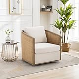 Brown Swivel Barrel Chair & Rattan Accent Chair, Club Chair, Small Chair, Corner Chairs & Reading Chair for Bedroom, Side Chairs for Living Room, Reading Nook Chair for Adults (Beige Boucle)