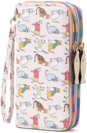 Ecohaso Ladies Purse, Large Capacity Women Wallets Cute Cat Pattern, Double Zipper Long Leather Wristlet Clutch Purses with Multiple Card Slots and Removable Wrist Strap for Girls & Ladies