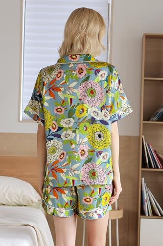 Image of YiNi LuLu Womens Silk Satin Shorts Pajamas Set Button Down 2 Piece Pjs Short Sleeve Oversized Sleepwear with Pockets