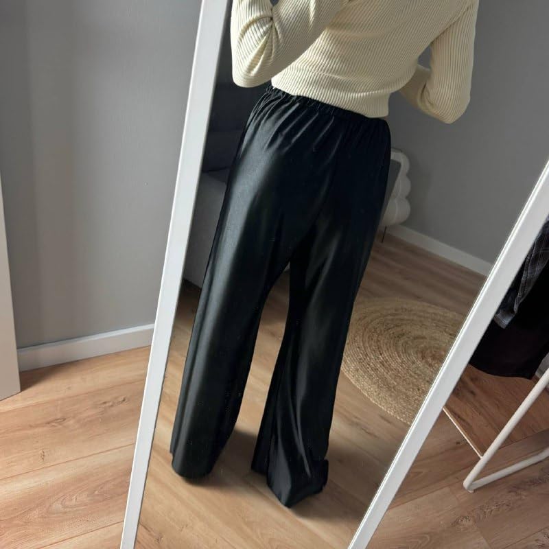 Women Satin Wide Leg Dress Pants Silk Casual Dressy Long Flowy Pants Elastic High Waisted Trousers - Image 7