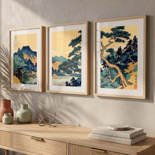 Image of kotart Japanese Nature Art View Framed Poster | Big Aesthetic Nature Art Wall Framed Posters for Living Room Bedroom Wall Decor Set Of 3 (14x20 Inch)