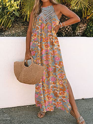 Image of FARORO Sleeveless Long Dress for Women Boho Halter Maxi Sundress Casual Loose Dresses Split Cover Up Gown with Pockets