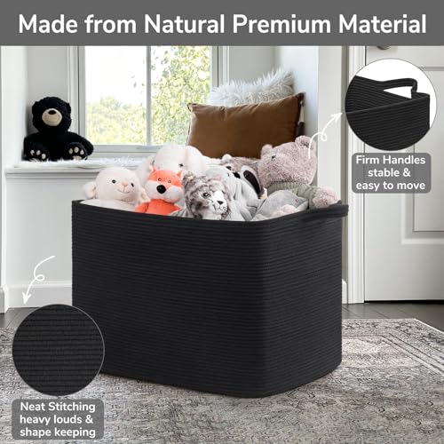 Goodpick Large Woven Storage Basket, 105L Extra Large Blanket Basket for Living Room, Bedroom, Rectangle Cotton Rope Organizer for Toy Storage, 25”x16”x16”, Black