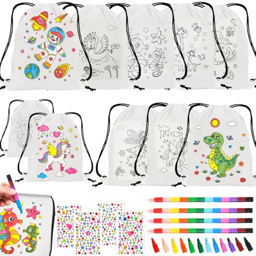 XIEXIESHER 8 Sacs à Dos à Colorier avec 4 Crayons de Cire Empilables 12 Couleurs en 1 Anniversaire Licorne Kit Coloriage Sac DIY Customisable Canvas Makeup...
