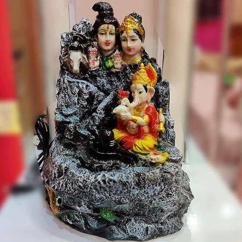 Image of ALILA Resin Shivpariwar Shivling Lord Shiva Shiv Water Fountain For Home Temple | Indoor Decor | LED Light Waterfall | Spiritual & Vastu Gift | Gifting Decor, 15 Inches, Multicolour