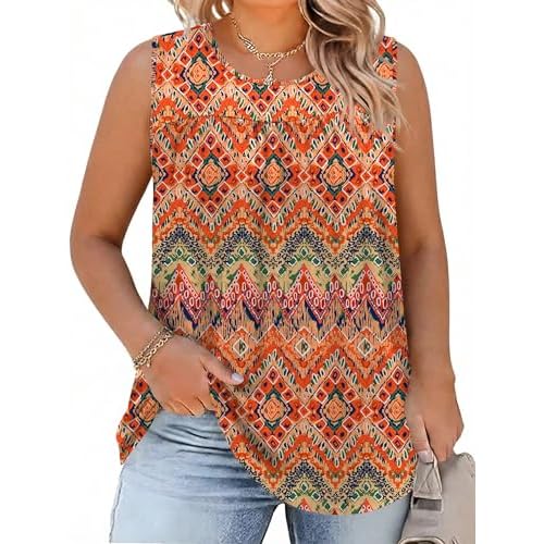 AKEWEI Womens Plus Size Tank Top Casual Summer Tops Sleeveless Loose Fit Blouses Basic T Shirts Trendy Crewneck Tunic Tees Boho Orange 3X-Large