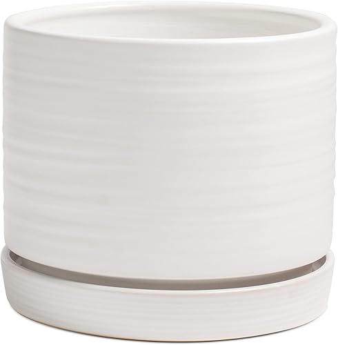 Miniatura 7 de HERDUK Macetas de cerámica de 6 pulgadas con orificio de drenaje y platillo, maceta redonda cilíndrica para interiores y exteriores, verde y beige