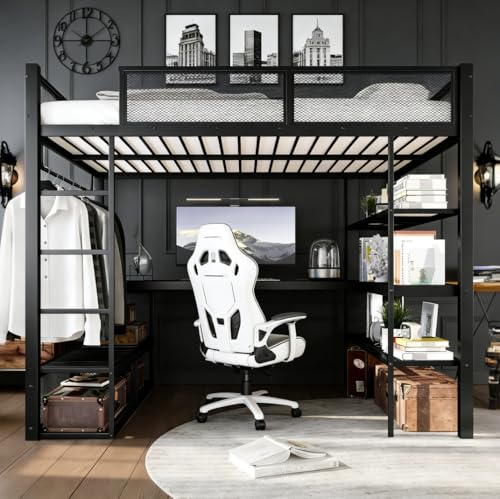 Image of Bellemave Queen Size loft Bed with Desk and Storage Shelves and Hanging Rod, Metal Queen Loft Bed Frame for Adults, Kids, Teens, Black