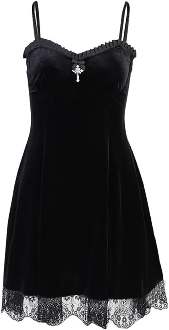 TSMNZMU Womens Gothic Velvet Dress Sleeveless Lolita Fairy Dresses Vintage Witchy Camisole Dress Grunge Harajuku Lace Dress