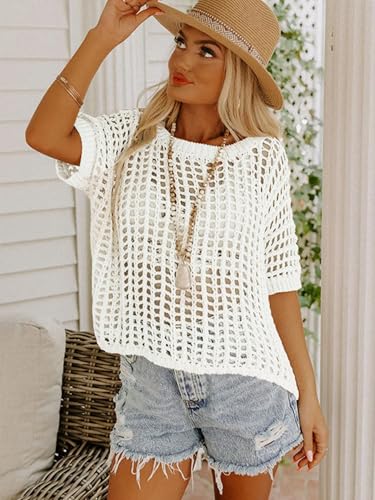 Image of Crochet Tops for Women Off The Shoulder Beach Coverup for Swimsuit Oversized Hollow Out Summer Tops